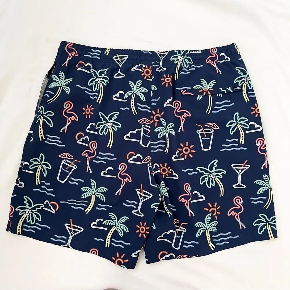 chubbies 7” Inseam swim trunks Men Size XXL Blue Tropical Flamingos Palm trees